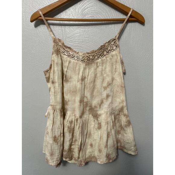 Black Tape Tank Cream Tan Crochet Neck Side Tie Sleeveless Babydoll Top Small - Picture 9 of 11